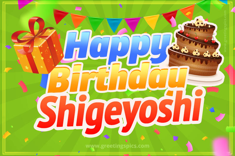 Happy Birthday Shigeyoshi picture with flags, chocolate cake and gift box