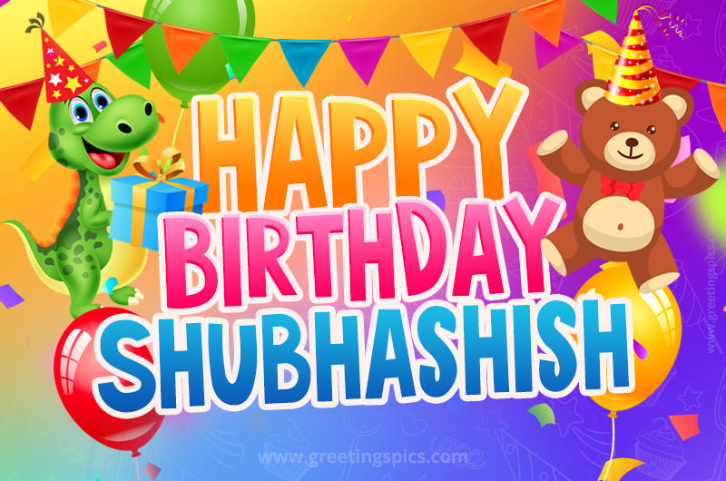 Happy Birthday Shubhashish Image for a child with cute baby dinosaur and bear