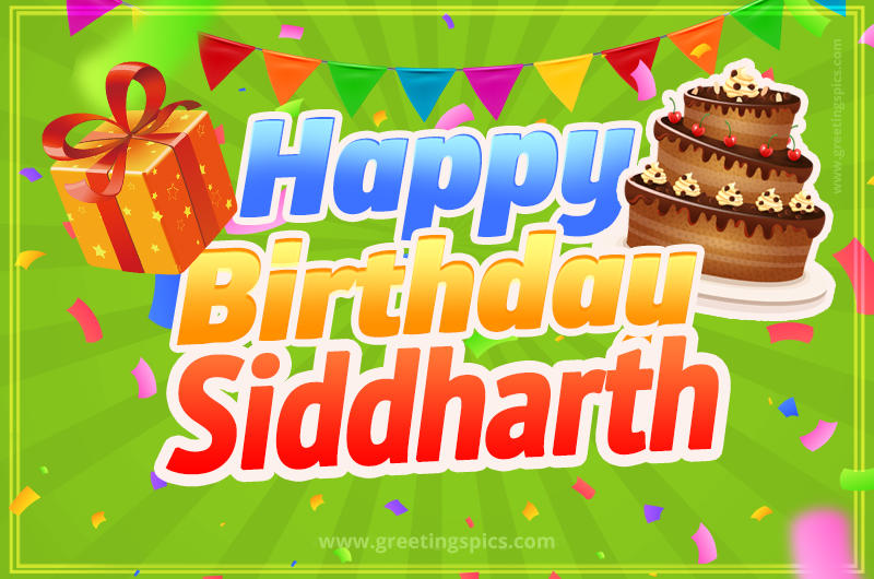 Happy Birthday Siddharth picture with flags, chocolate cake and gift box