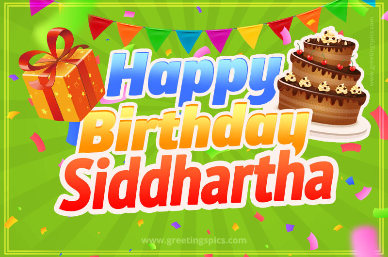 Happy Birthday Siddhartha picture with flags, chocolate cake and gift box