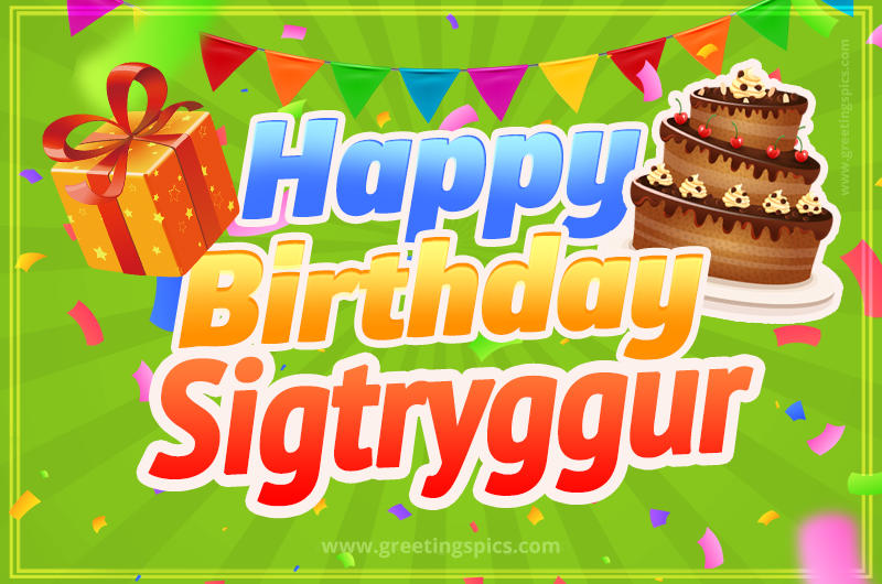 Happy Birthday Sigtryggur picture with flags, chocolate cake and gift box