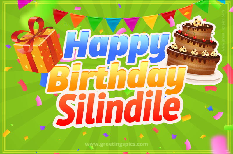 Happy Birthday Silindile picture with flags, chocolate cake and gift box