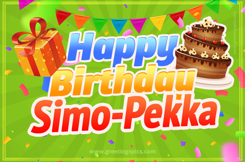 Happy Birthday Simo-Pekka picture with flags, chocolate cake and gift box