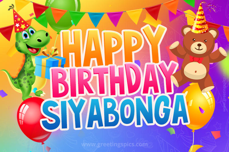 Happy Birthday Siyabonga Image for a child with cute baby dinosaur and bear