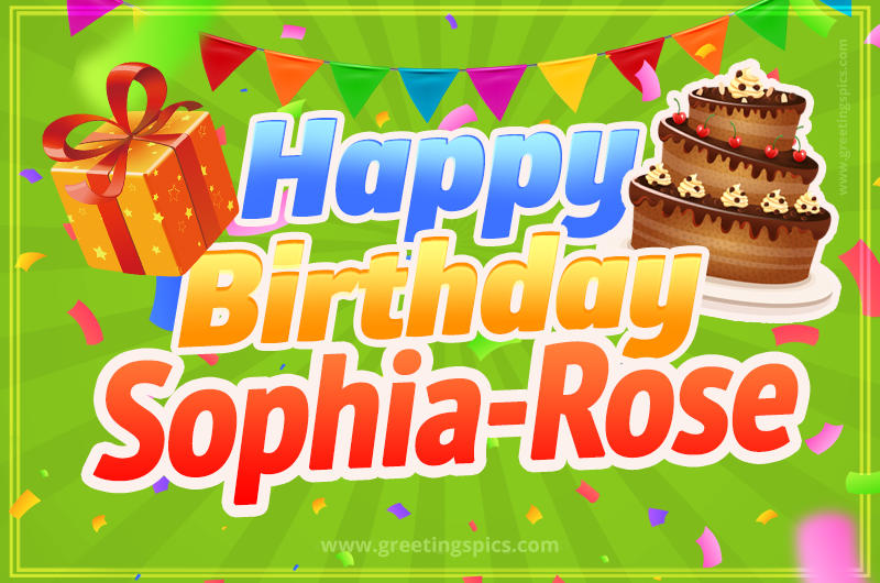 Happy Birthday Sophia-Rose picture with flags, chocolate cake and gift box