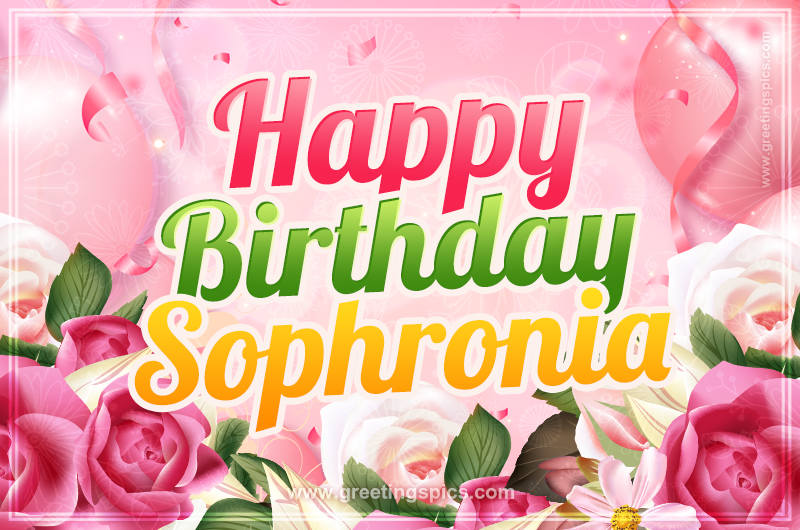 Image with gentle pink background and flowers Happy Birthday Sophronia