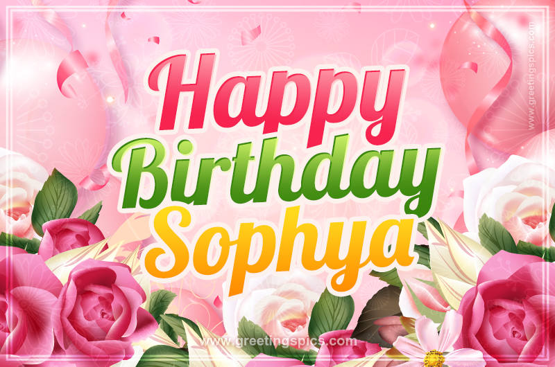 Image with gentle pink background and flowers Happy Birthday Sophya