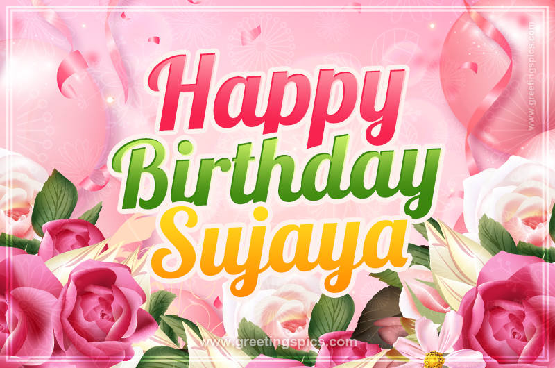 Image with gentle pink background and flowers Happy Birthday Sujaya