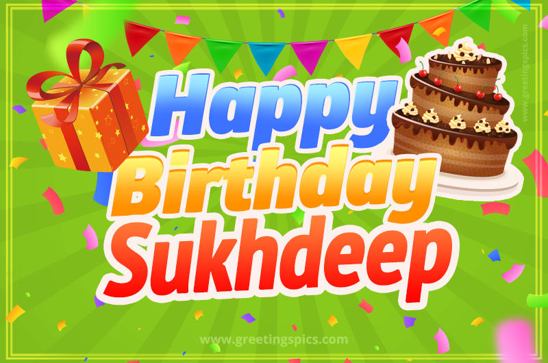 Happy Birthday Sukhdeep picture with flags, chocolate cake and gift box