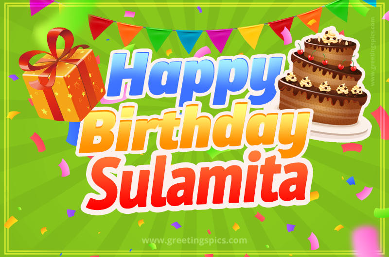 Happy Birthday Sulamita picture with flags, chocolate cake and gift box