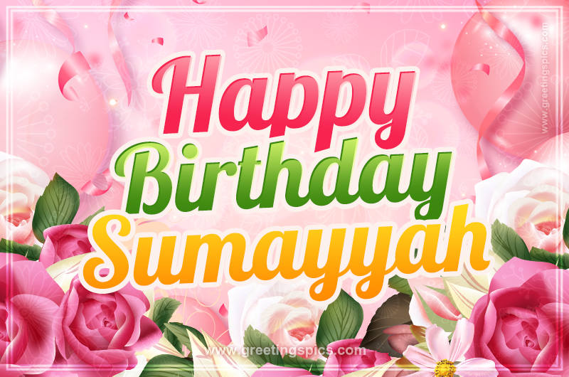 Image with gentle pink background and flowers Happy Birthday Sumayyah