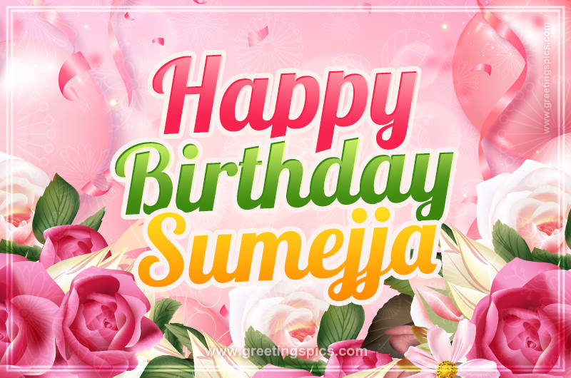 Image with gentle pink background and flowers Happy Birthday Sumejja