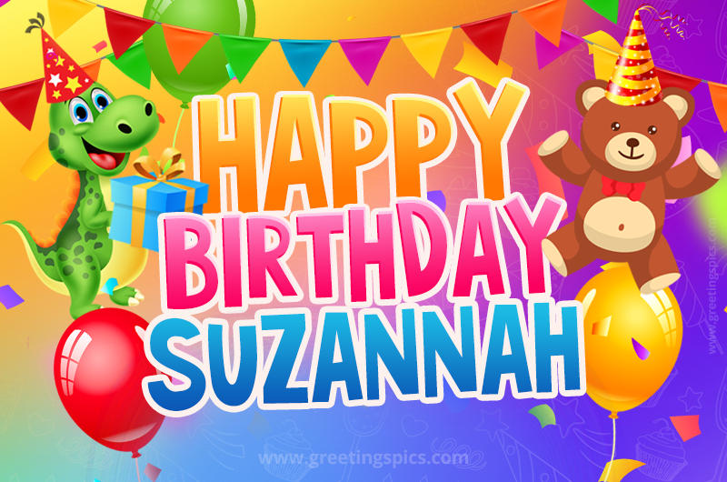 Happy Birthday Suzannah Image for a child with cute dinosaur and bear