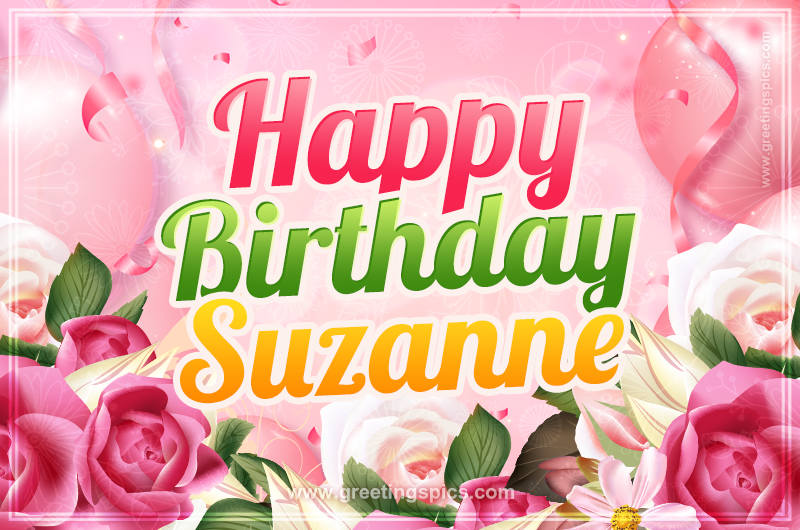 Image with gentle pink background and flowers Happy Birthday Suzanne