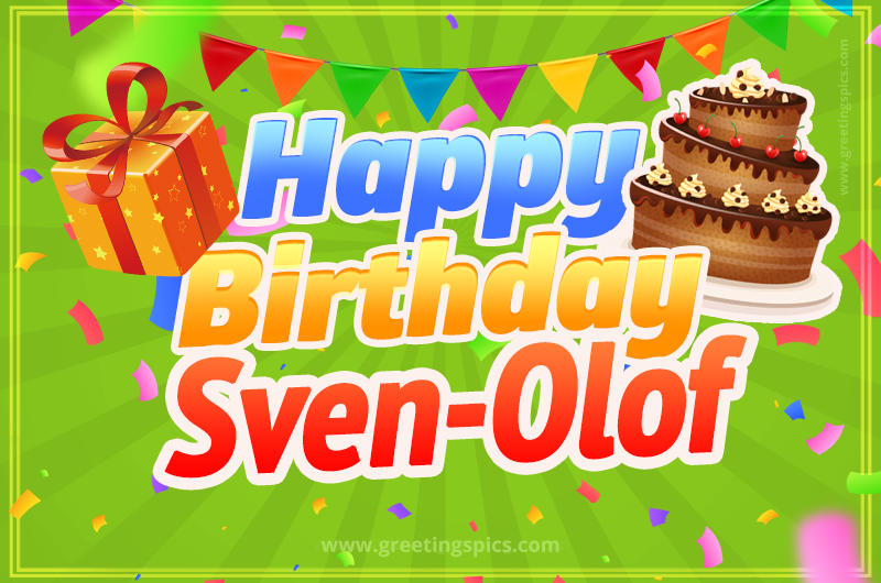 Happy Birthday Sven-Olof picture with flags, chocolate cake and gift box