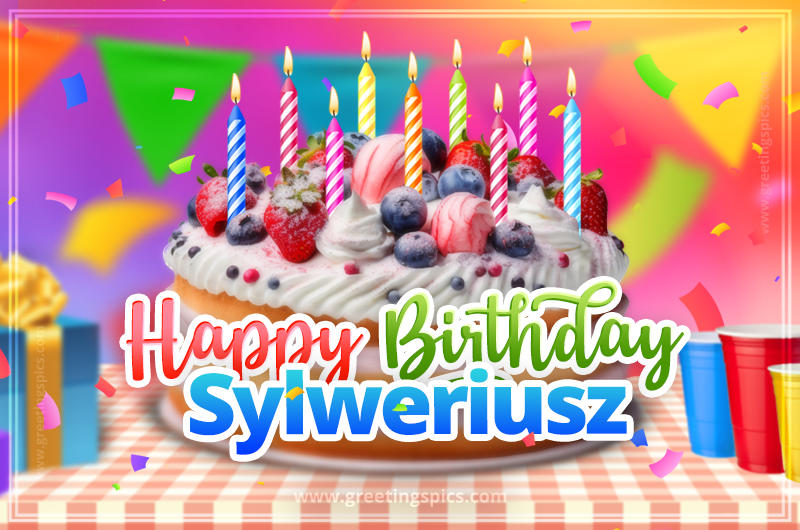 Happy Birthday Sylweriusz Colorful Image with fruit cake and candles