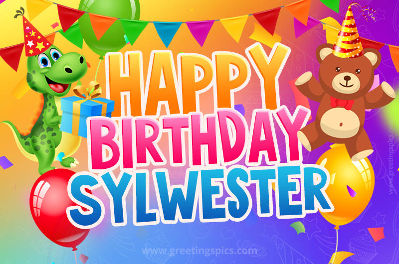 Happy Birthday Sylwester Image for a child with cute baby dinosaur and bear