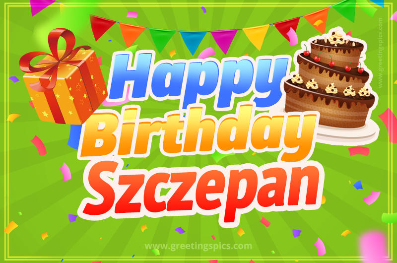 Happy Birthday Szczepan picture with flags, chocolate cake and gift box