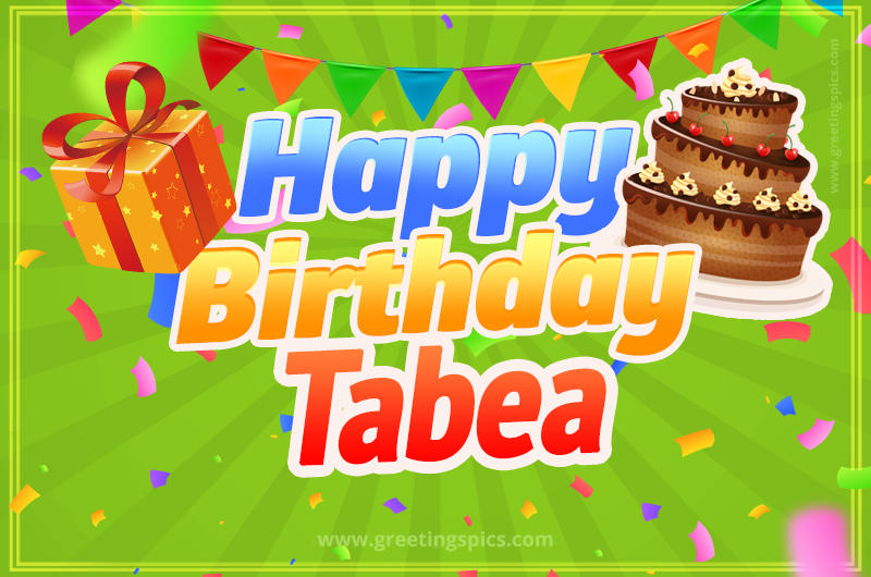 Happy Birthday Tabea picture with flags, chocolate cake and gift box