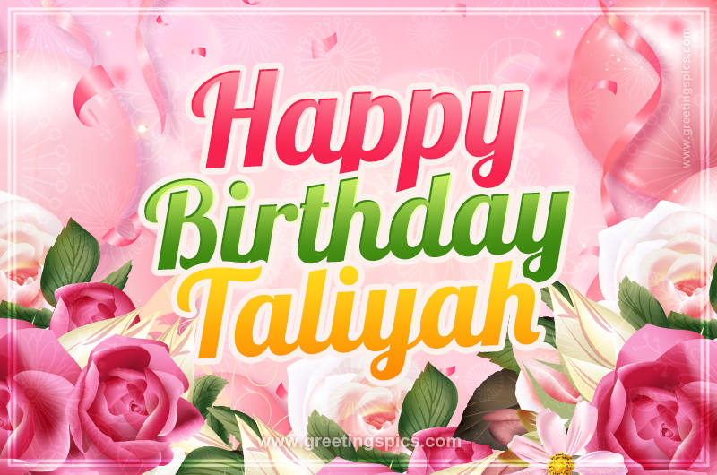 Image with gentle pink background and flowers Happy Birthday Taliyah