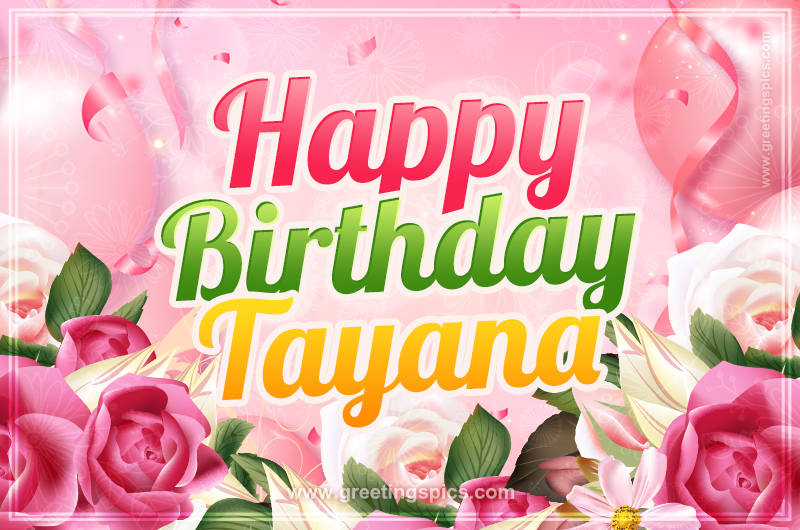 Image with gentle pink background and flowers Happy Birthday Tayana