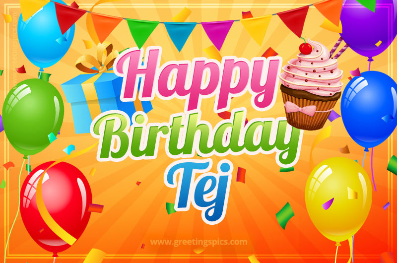 Happy Birthday Tej eCard with gift box and cupcake