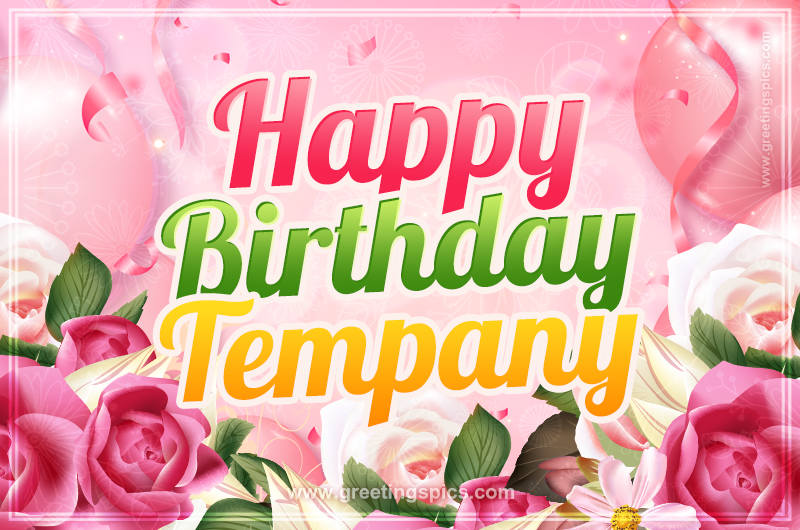 Image with gentle pink background and flowers Happy Birthday Tempany