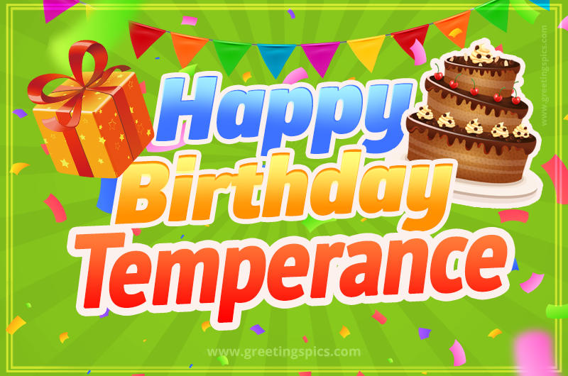 Happy Birthday Temperance picture with flags, chocolate cake and gift box