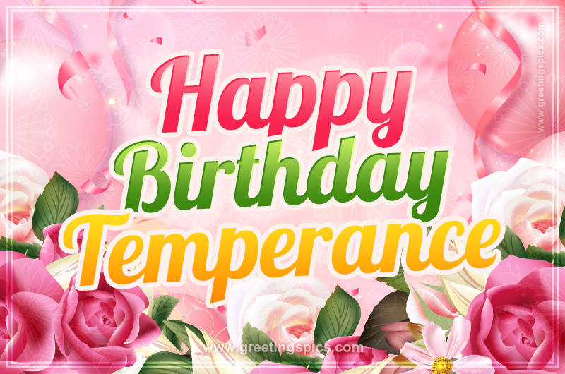 Image with gentle pink background and flowers Happy Birthday Temperance