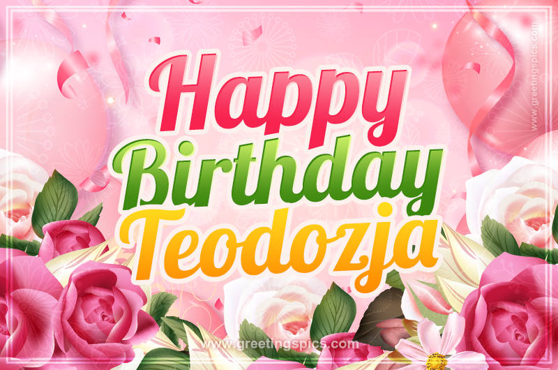 Image with gentle pink background and flowers Happy Birthday Teodozja