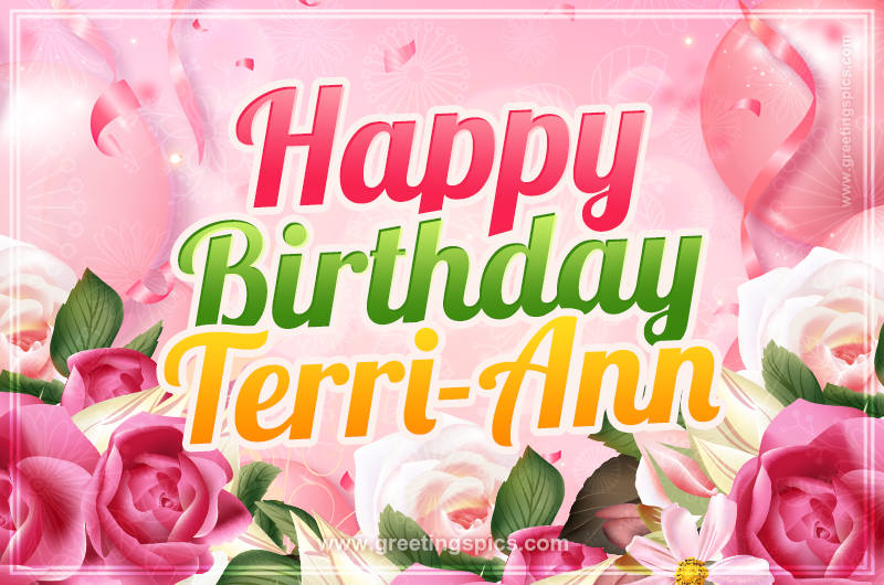 Image with gentle pink background and flowers Happy Birthday Terri-Ann