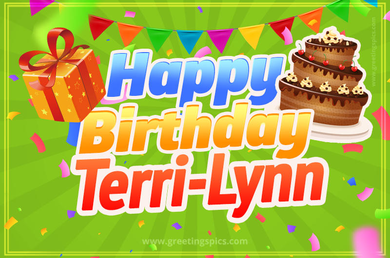 Happy Birthday Terri-Lynn picture with flags, chocolate cake and gift box