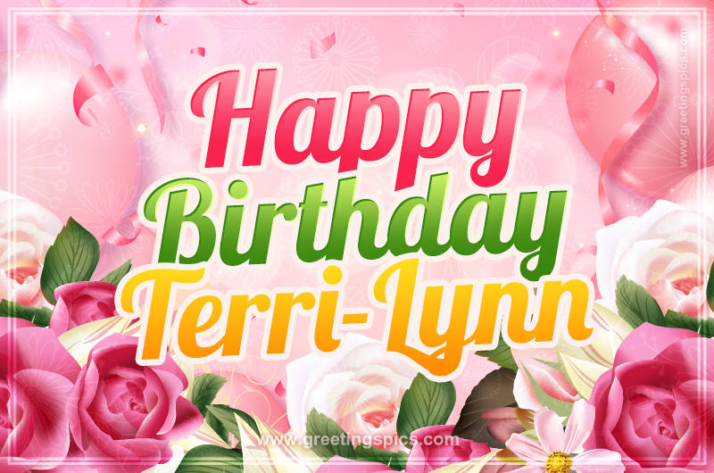 Image with gentle pink background and flowers Happy Birthday Terri-Lynn