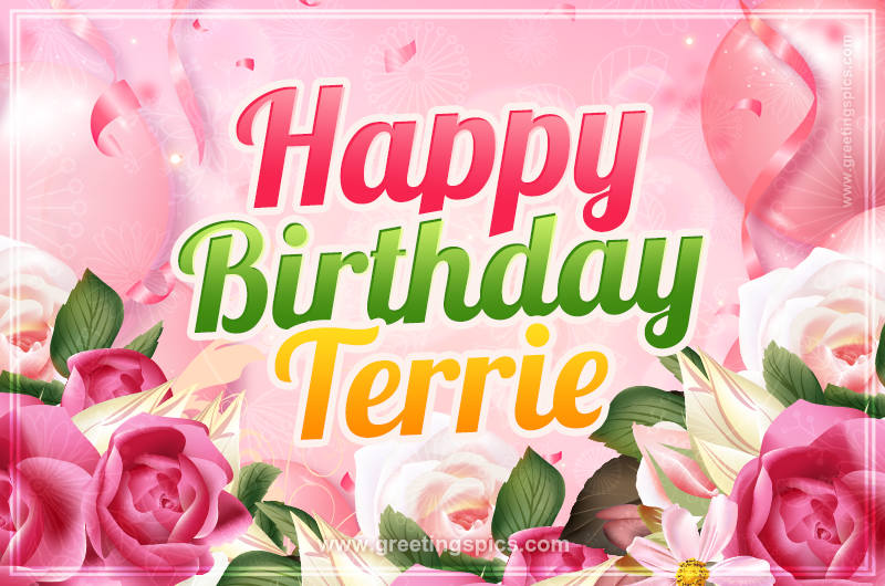 Image with gentle pink background and flowers Happy Birthday Terrie