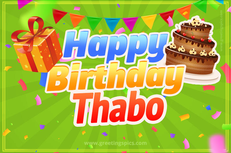 Happy Birthday Thabo picture with flags, chocolate cake and gift box