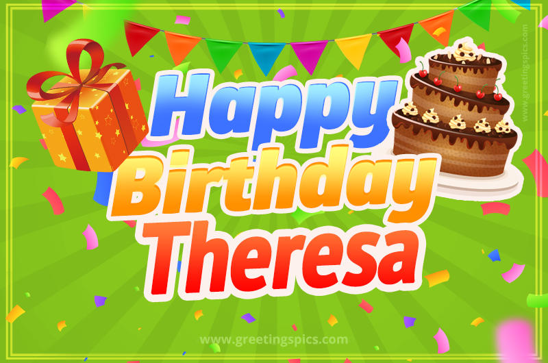 Happy Birthday Theresa picture with flags, chocolate cake and gift box