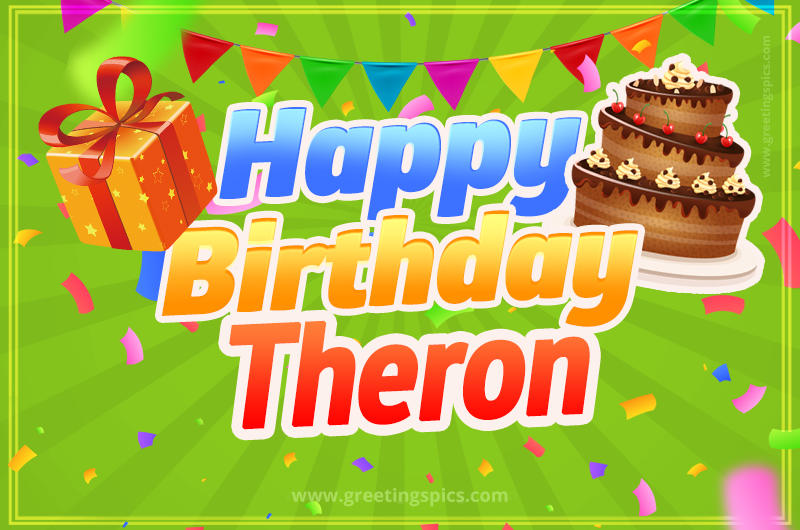 Happy Birthday Theron picture with flags, chocolate cake and gift box