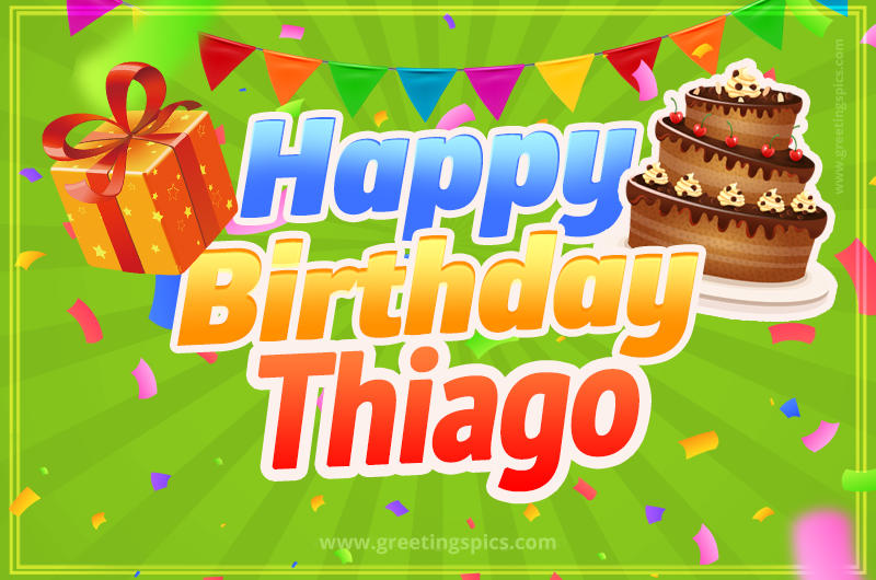 Happy Birthday Thiago picture with flags, chocolate cake and gift box