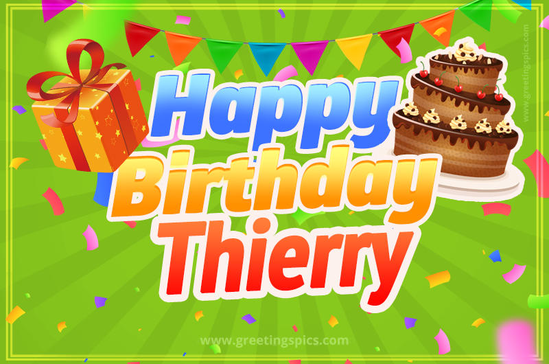 Happy Birthday Thierry picture with flags, chocolate cake and gift box