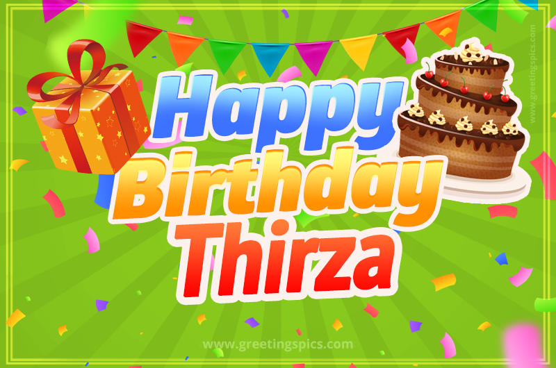 Happy Birthday Thirza picture with flags, chocolate cake and gift box