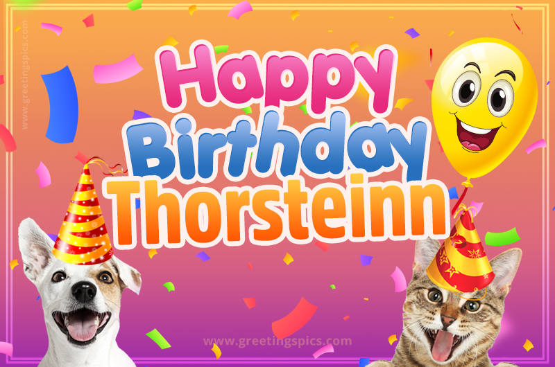 Happy Birthday Thorsteinn Funny Image with cat and dog