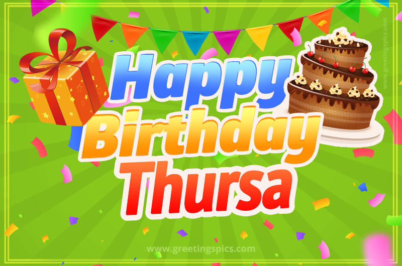 Happy Birthday Thursa picture with flags, chocolate cake and gift box