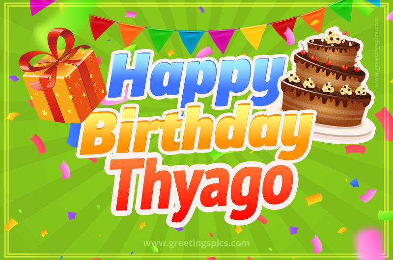 Happy Birthday Thyago picture with flags, chocolate cake and gift box