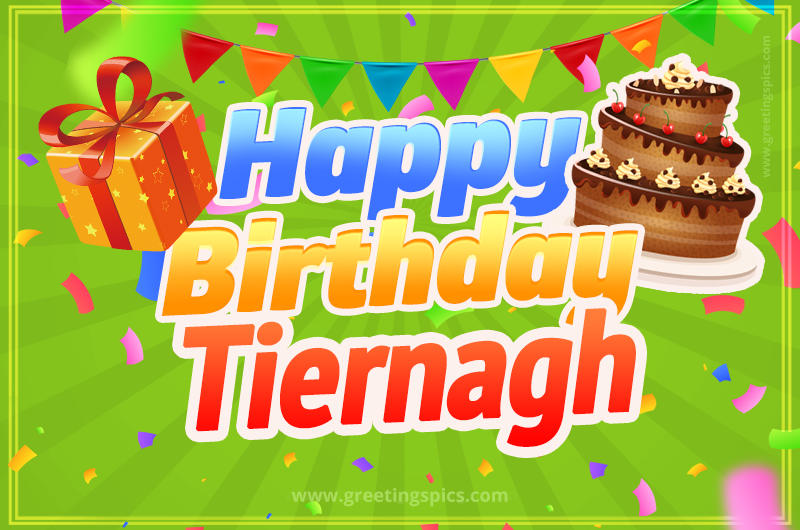 Happy Birthday Tiernagh picture with flags, chocolate cake and gift box