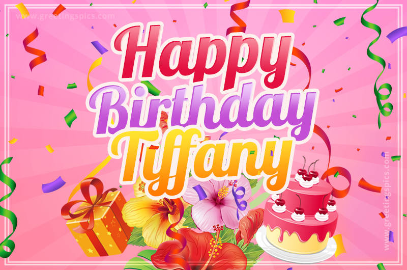 Beautiful Birthday Card for Tiffany with Cake and bouquet of flowers