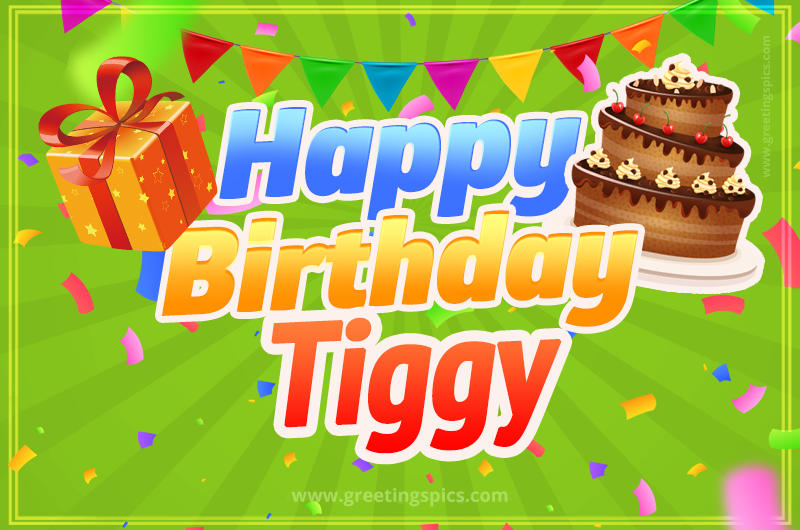 Happy Birthday Tiggy picture with flags, chocolate cake and gift box