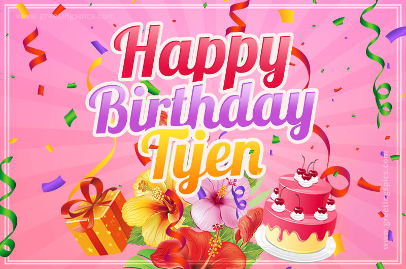 Beautiful Birthday Card for Tijen with Cake and bouquet of flowers