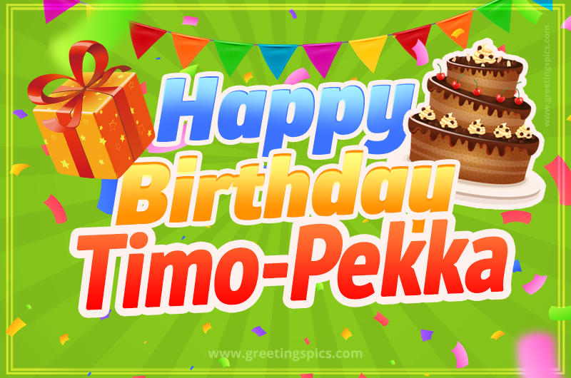 Happy Birthday Timo-Pekka picture with flags, chocolate cake and gift box