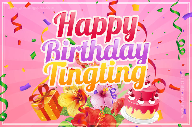 Beautiful Birthday Card for Tingting with Cake and bouquet of flowers