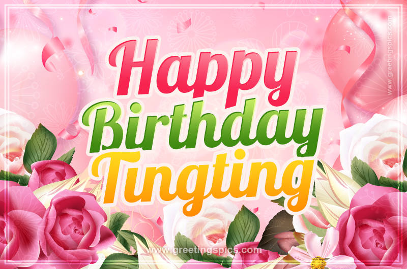 Image with gentle pink background and flowers Happy Birthday Tingting